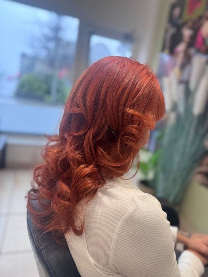 Copper red colour with big soft curls, hair colour, by Replay Hair & Beauty
